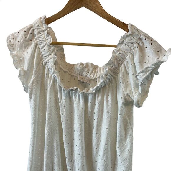 CUPIO White Eyelet Elastic Neckline Short Sleeve Elastic Bottom Bubble Top S - Picture 2 of 8